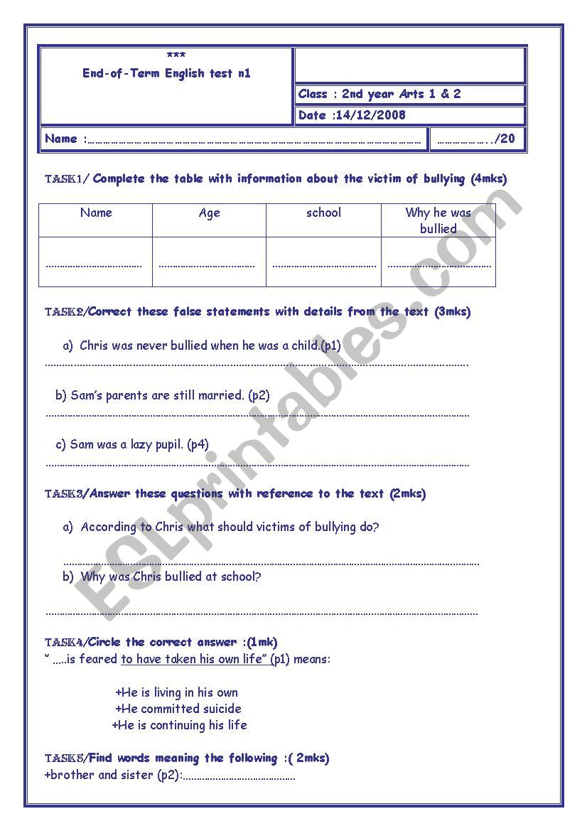 End of term test n:1 worksheet