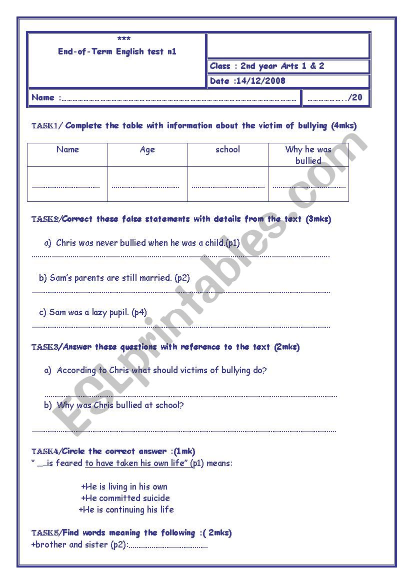 End of term test n:1 worksheet