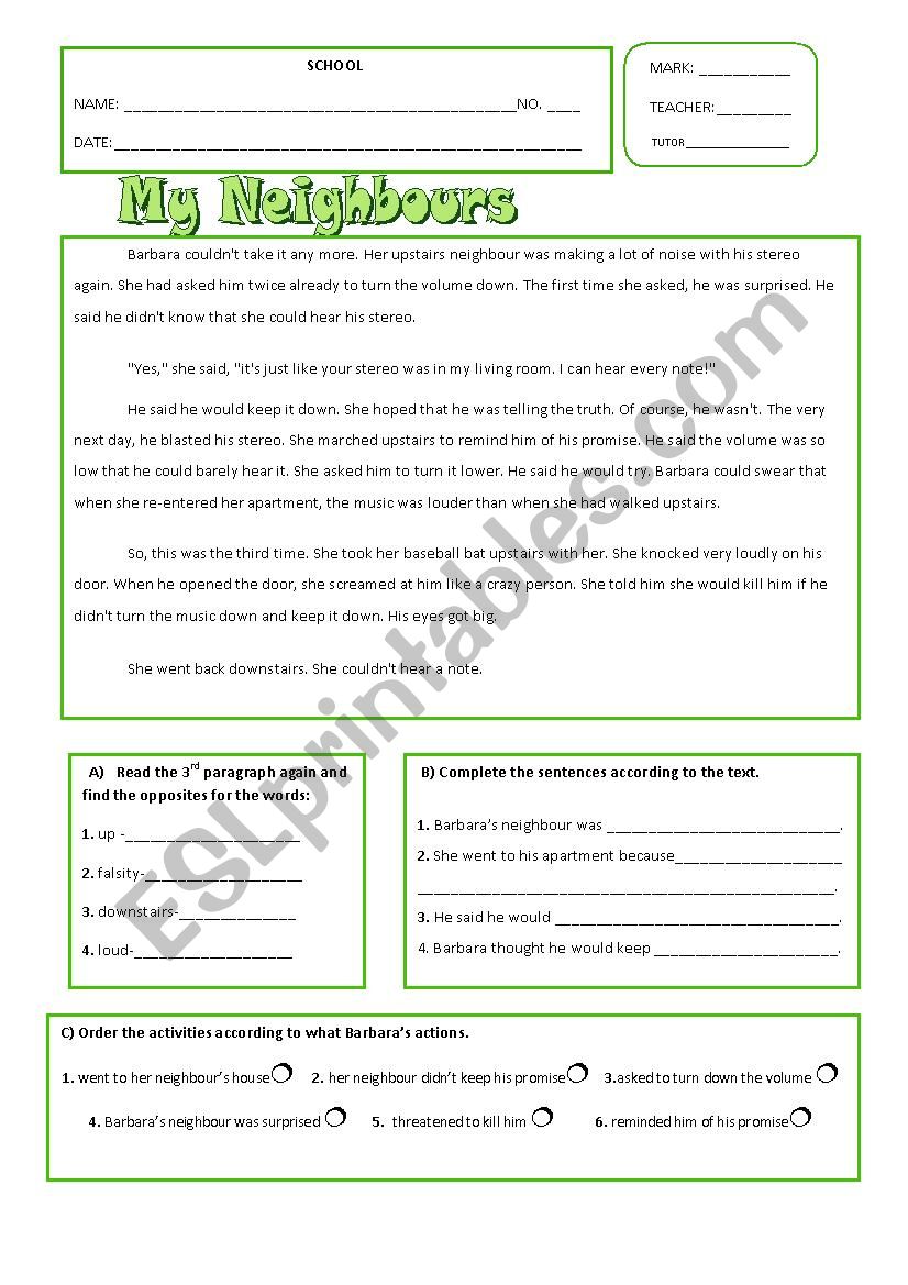 Neighbours worksheet