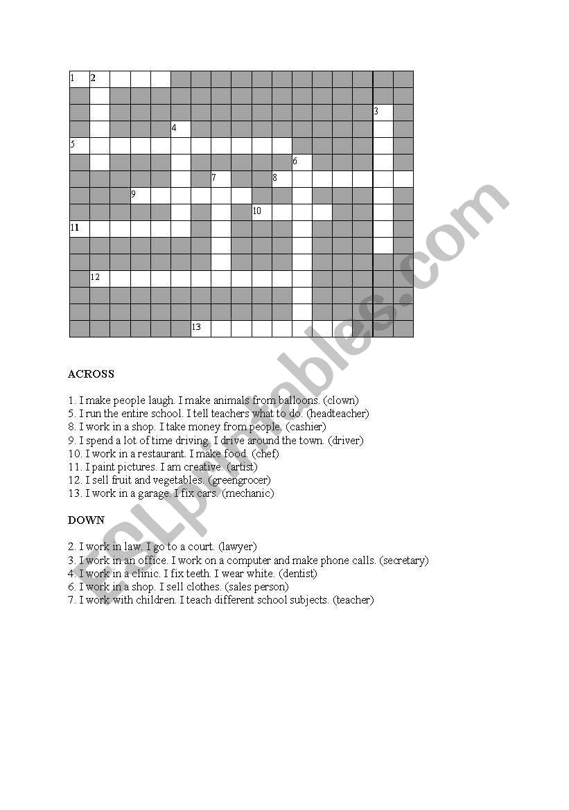 Jobs crossword worksheet