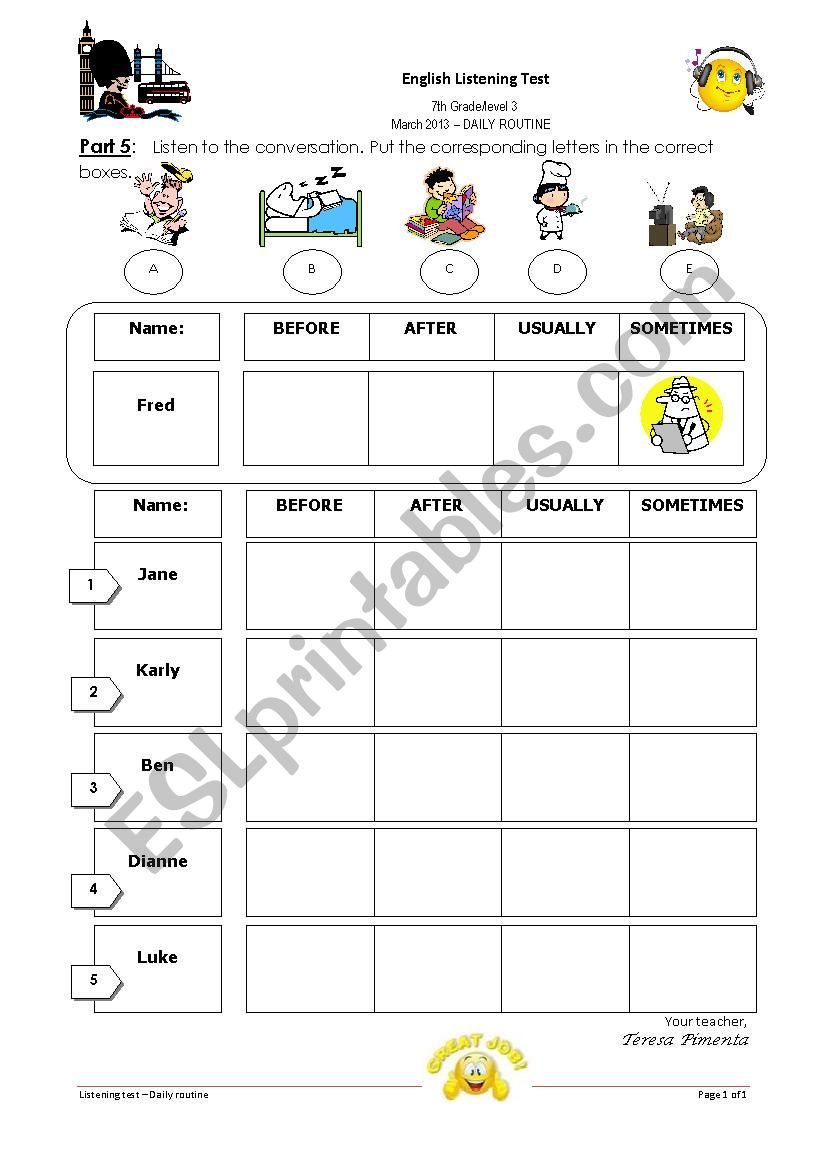 listening test - daily routine part 5