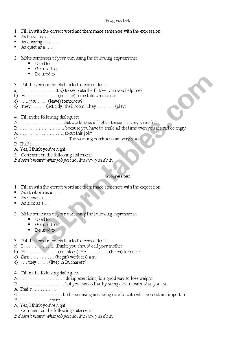 Progress test Xth grade worksheet