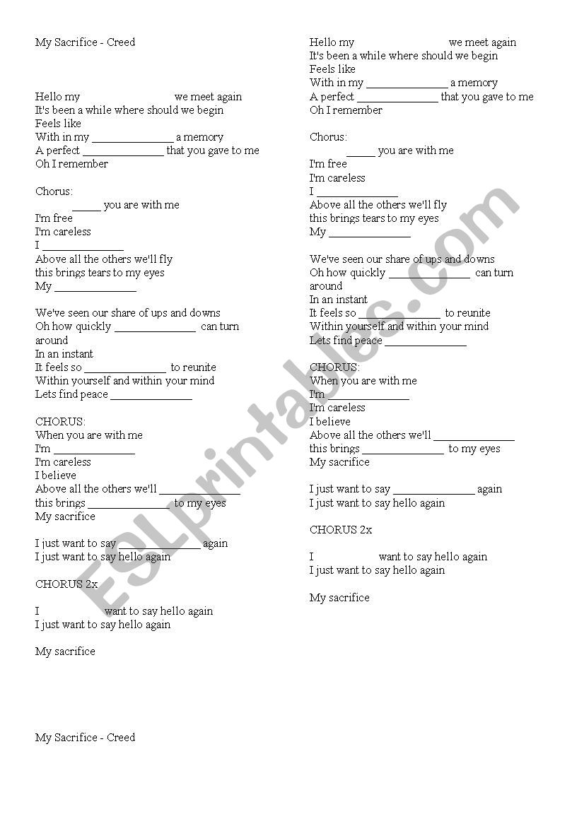 My Sacrifice - Creed worksheet