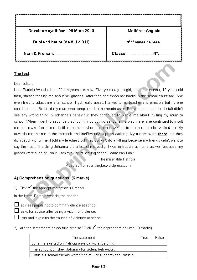 9th form test( 2 nd term) worksheet