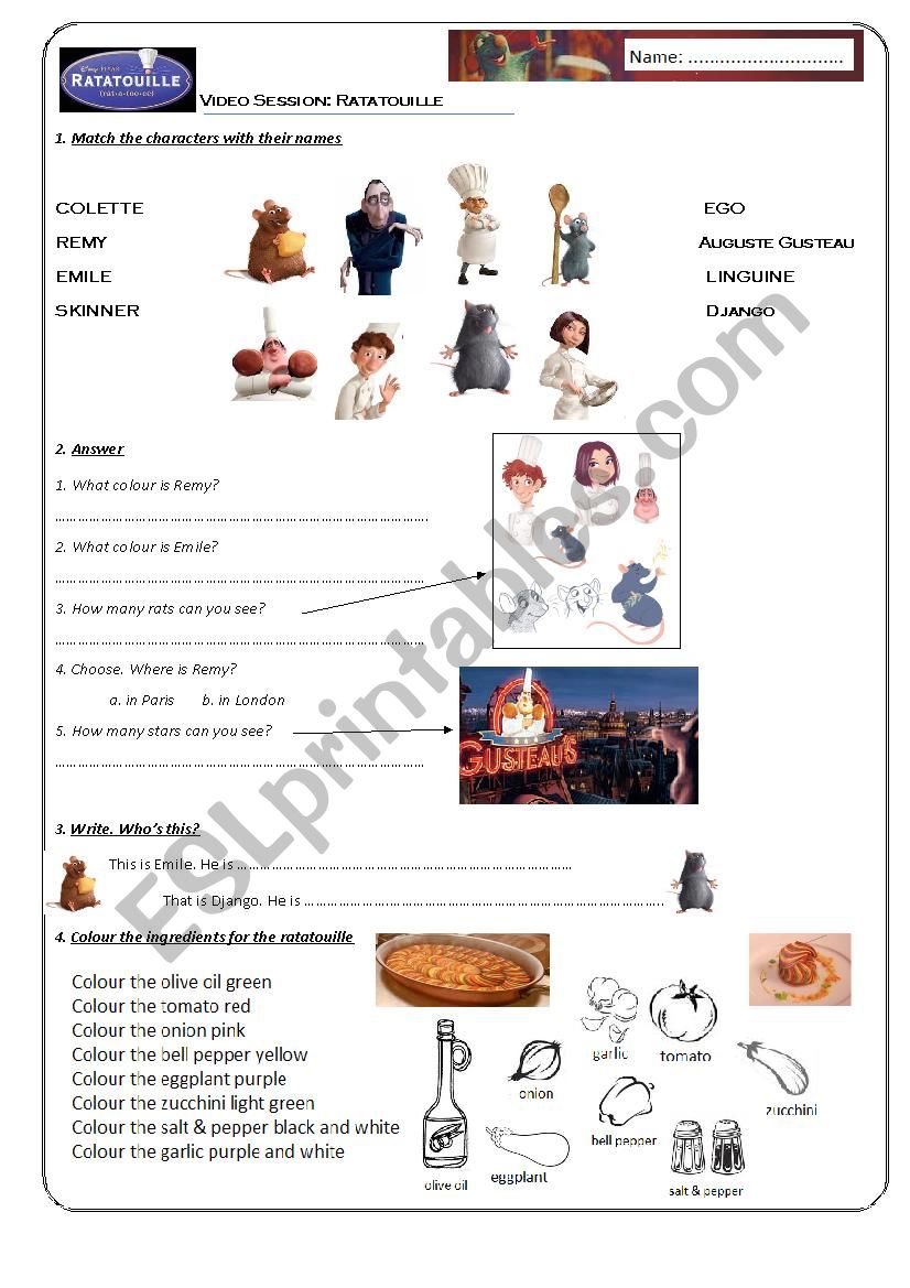 Ratatouille Video Session worksheet