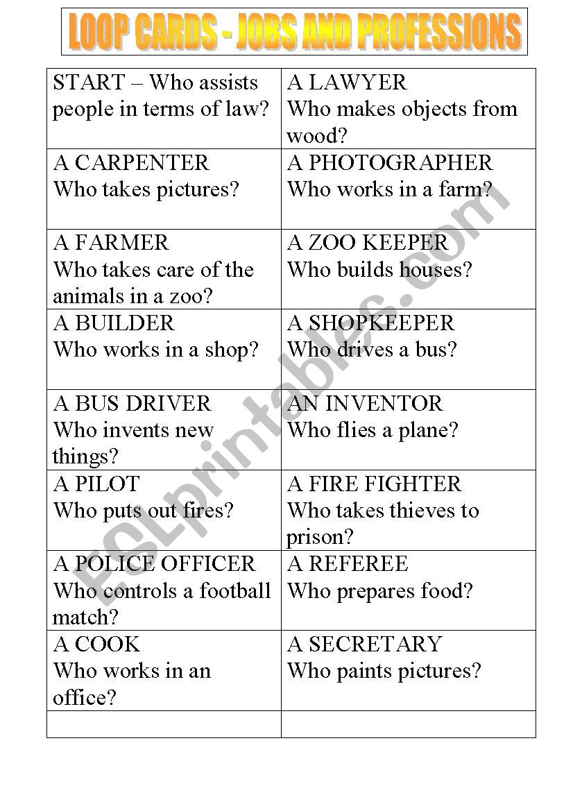 LOOP CARDS ON JOBS AND PROFESSIONS