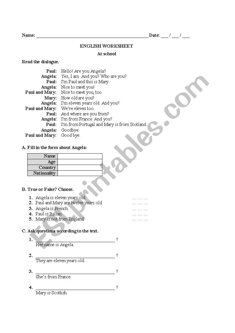 Personal Identification worksheet