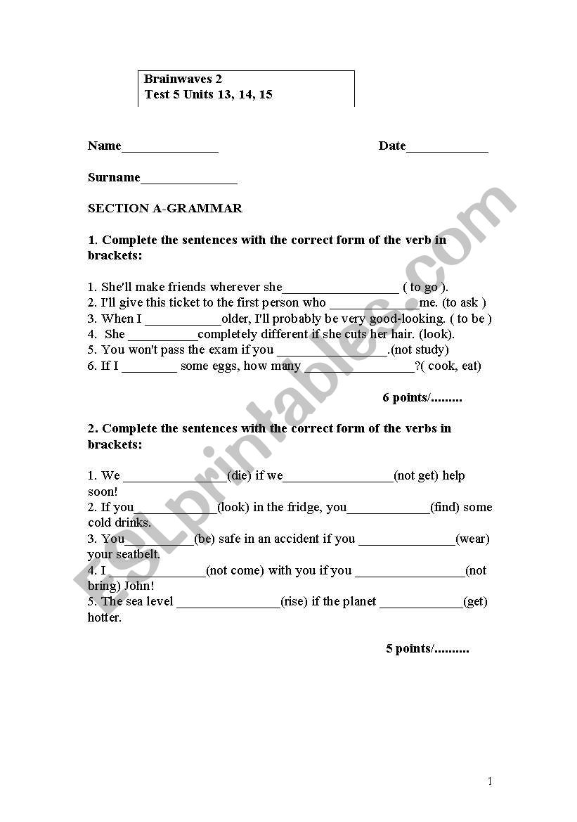 Grammar test for 5th graders worksheet