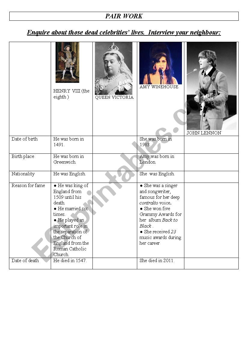 PAIR WORK ACTIVITY worksheet