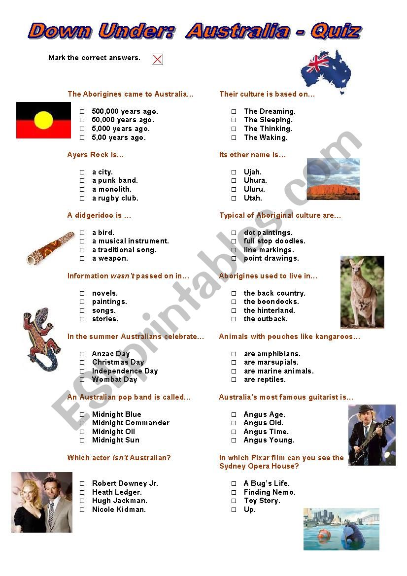 Down Under - Australia Quiz (Multiple Choice) ESL by Dottel