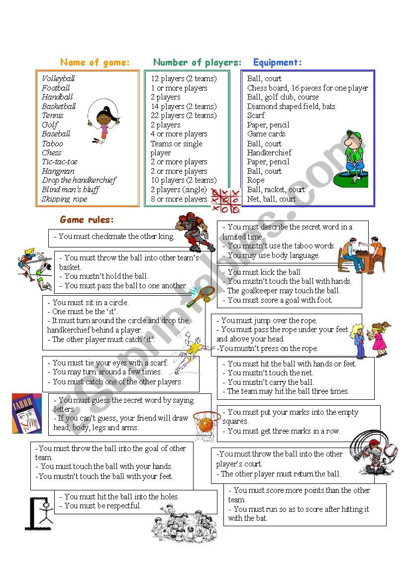 equipments and rules of games and sports esl worksheet by newestteacher
