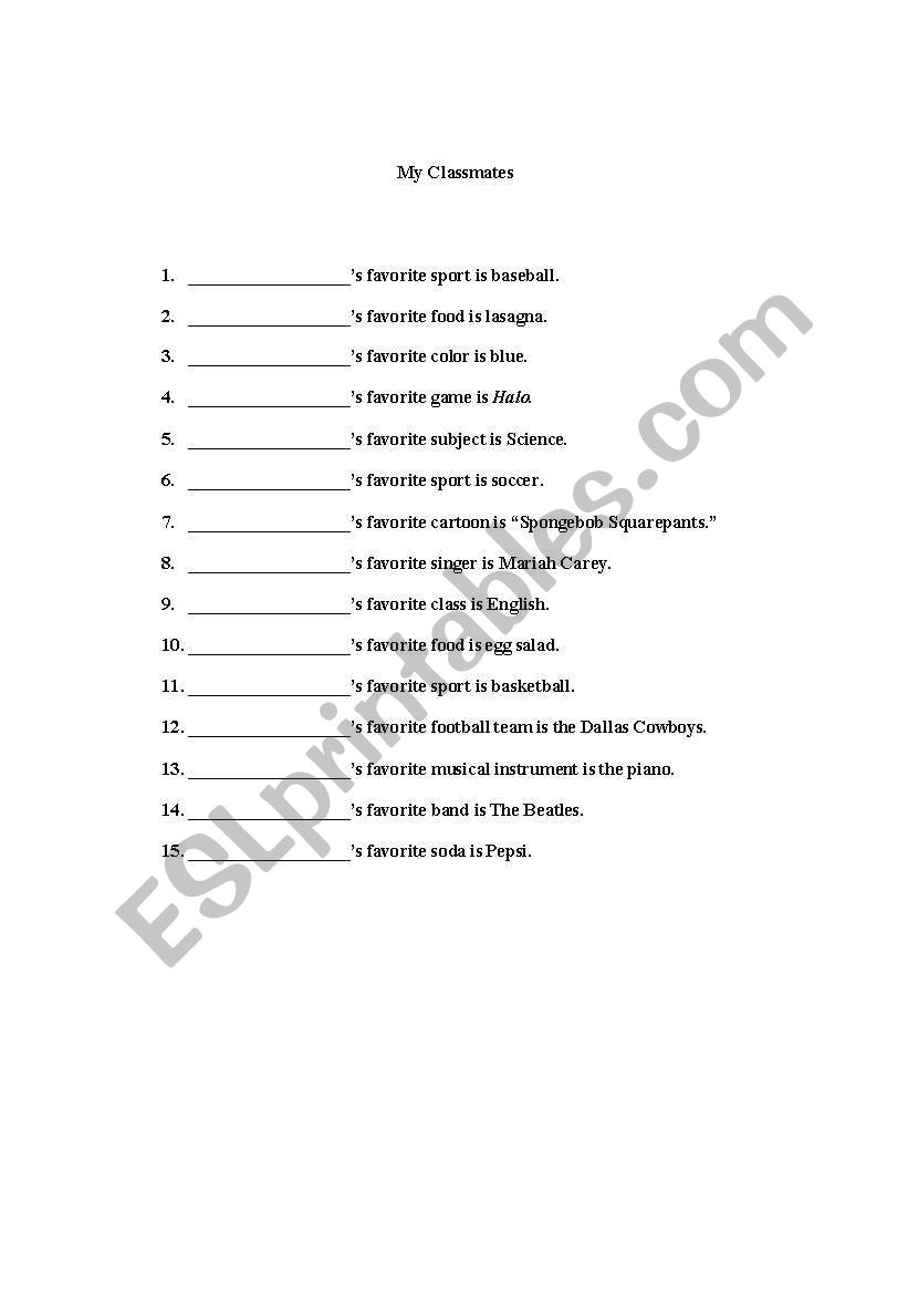 My Favorites worksheet