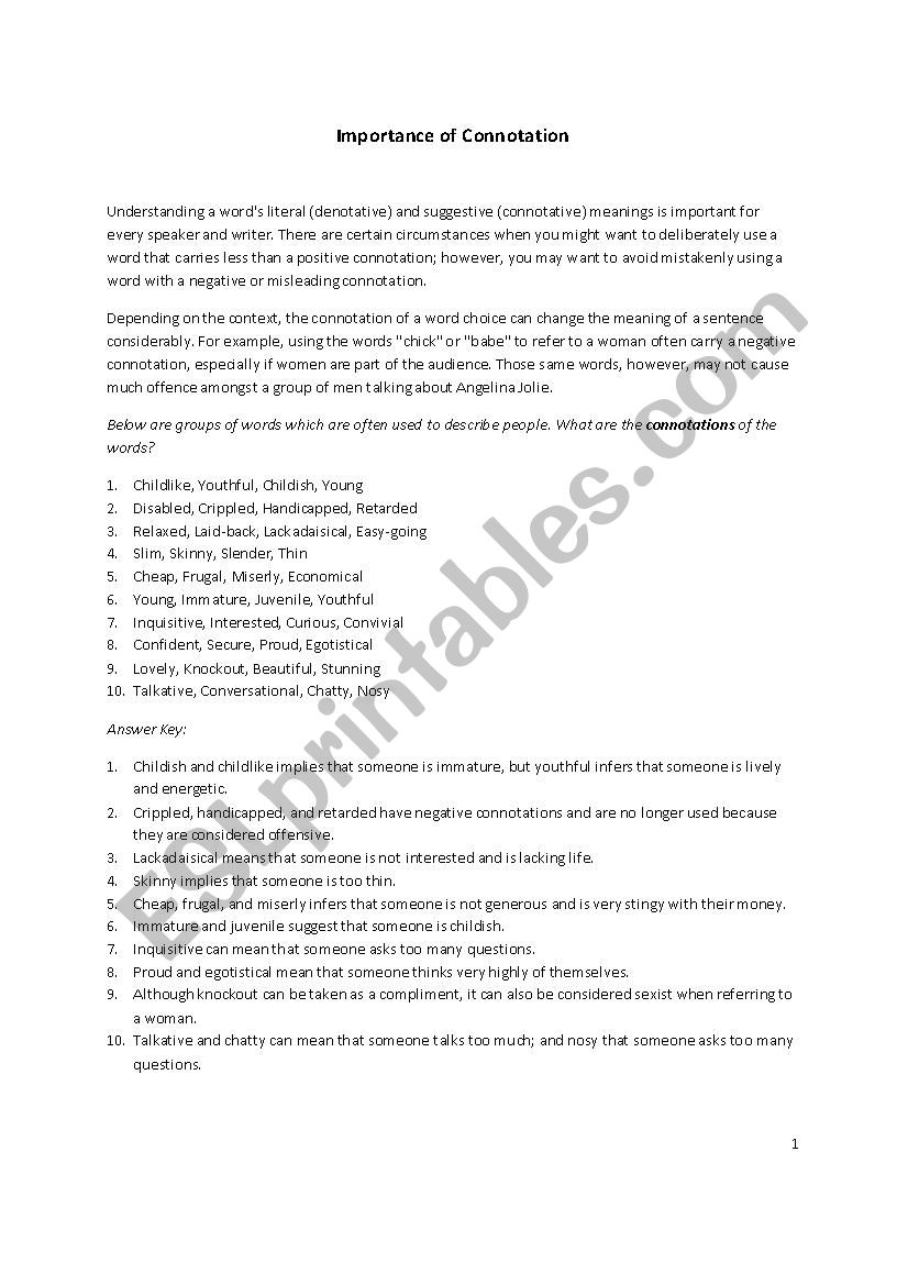 Connotations worksheet
