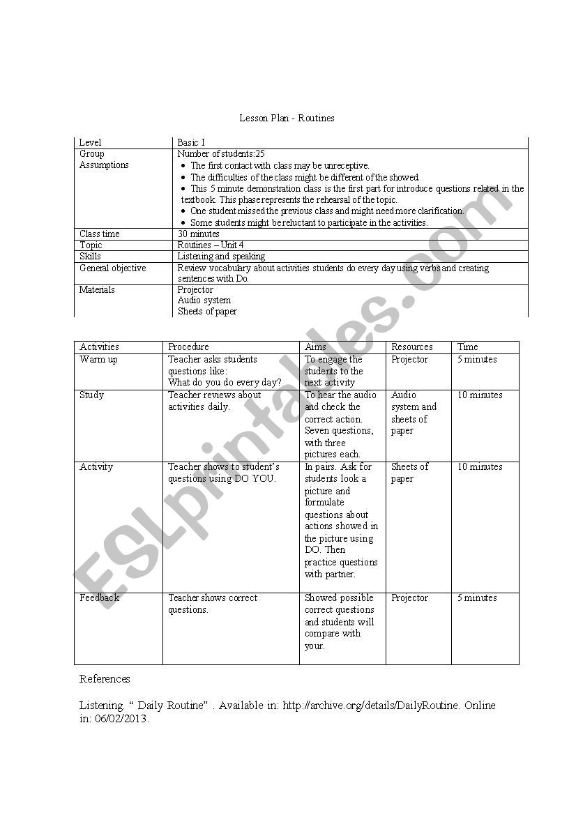 Lesson plan - Routines worksheet