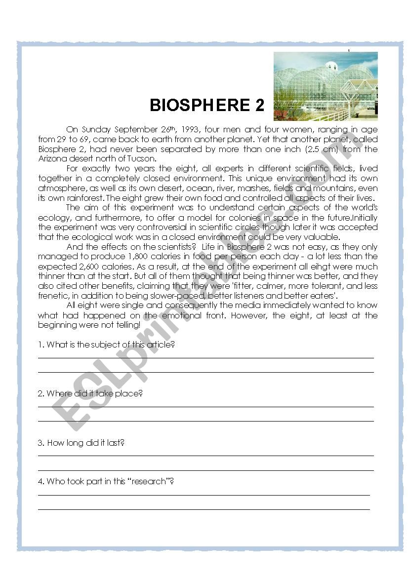 Biosphere 2 worksheet