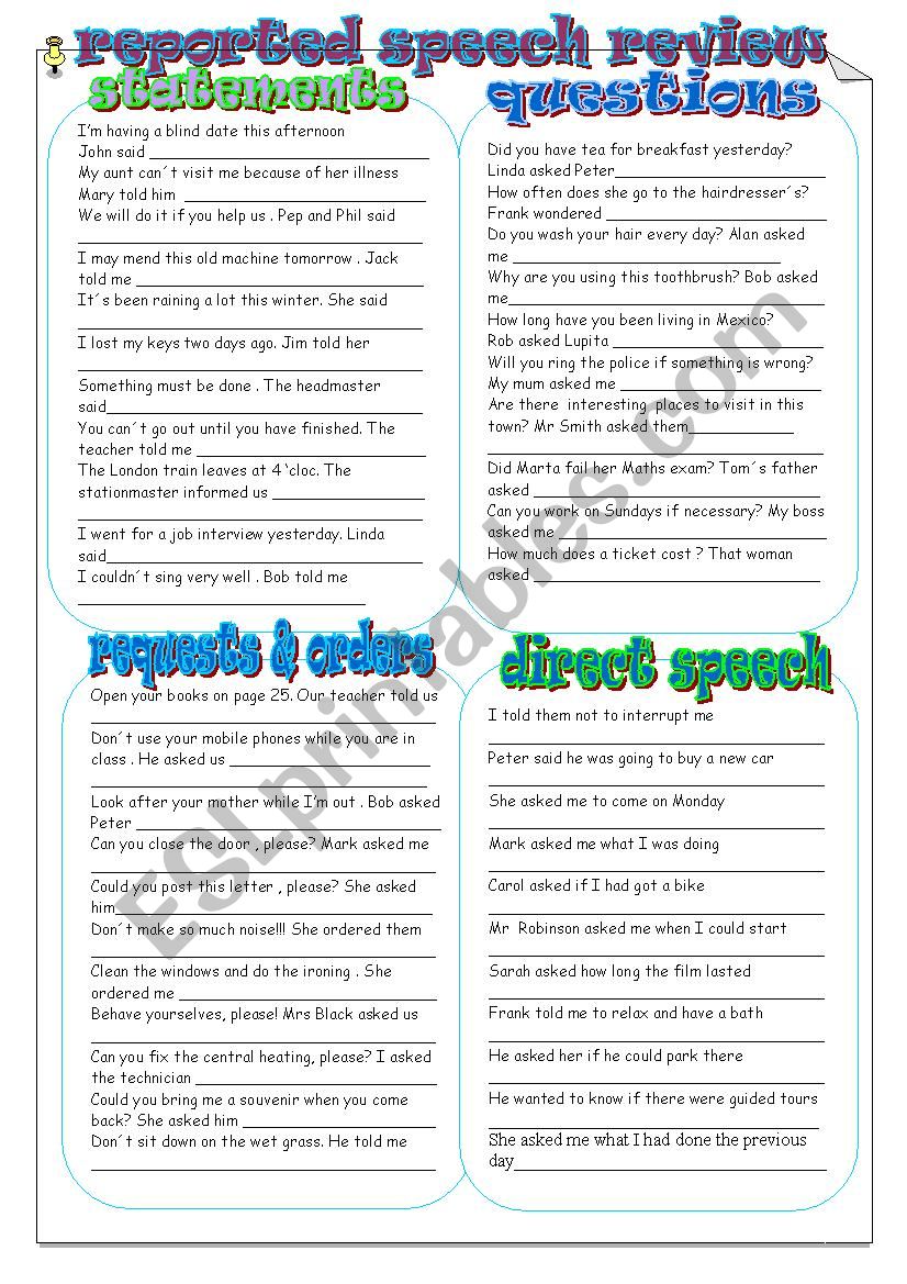 Reported speech review worksheet