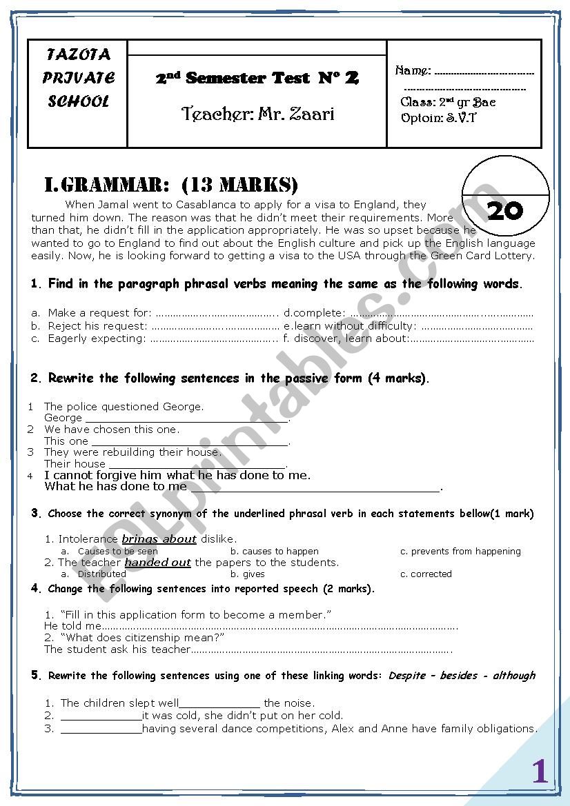 Grammar Test worksheet