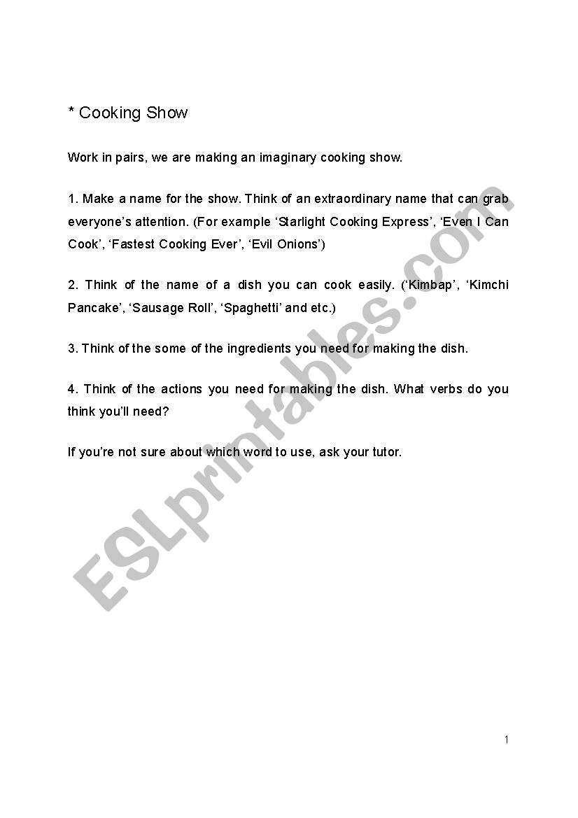 Cooking Show Role Play worksheet
