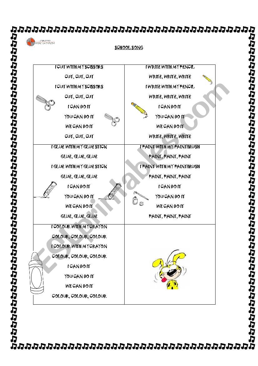 School objects song worksheet