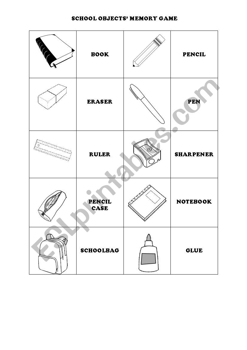 School Objects Memory Game worksheet