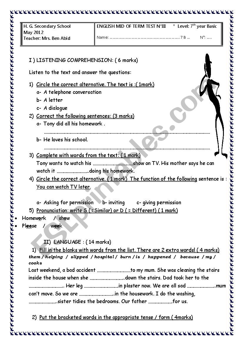 7th year Basic Education worksheet