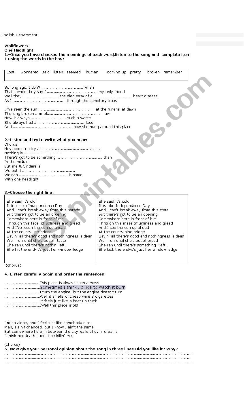 One headlight worksheet