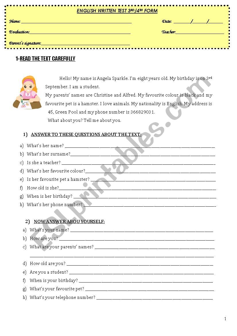 Englsih test worksheet