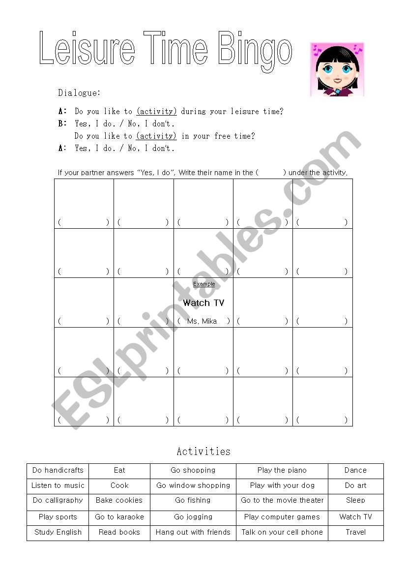 Leisure Time Bingo worksheet