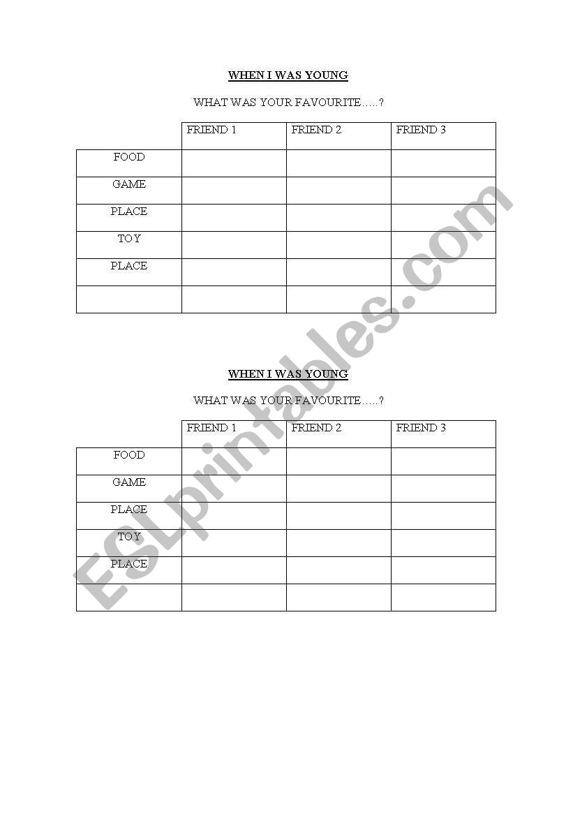 WHEN I  WAS YOUNG worksheet