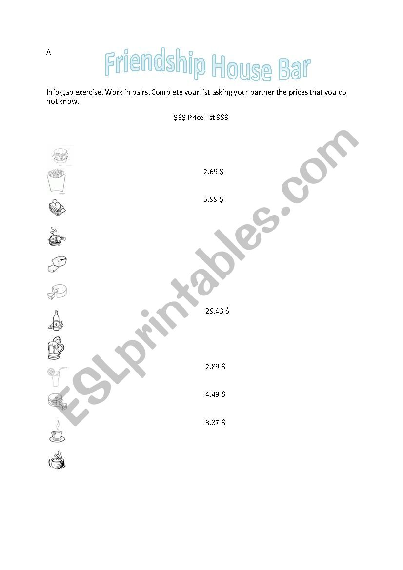 FriendShip House Bar worksheet