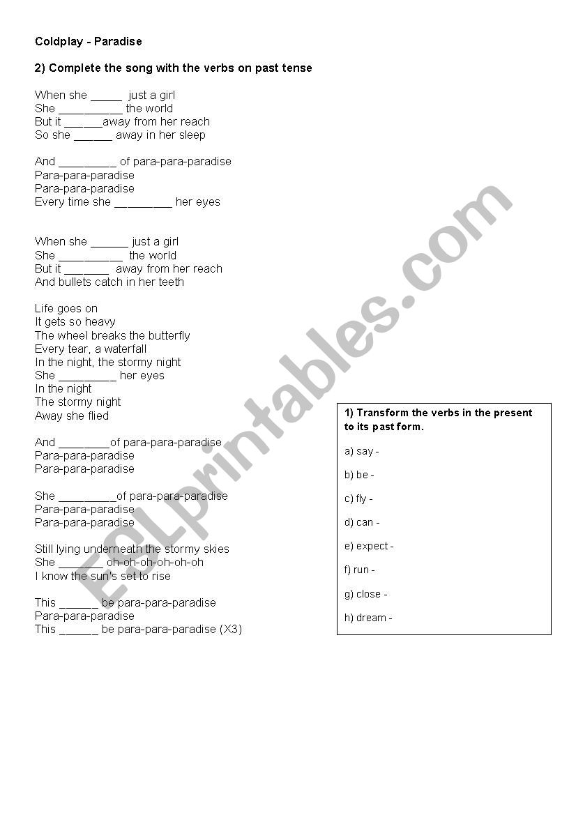 Coldplay - paradise (song) worksheet