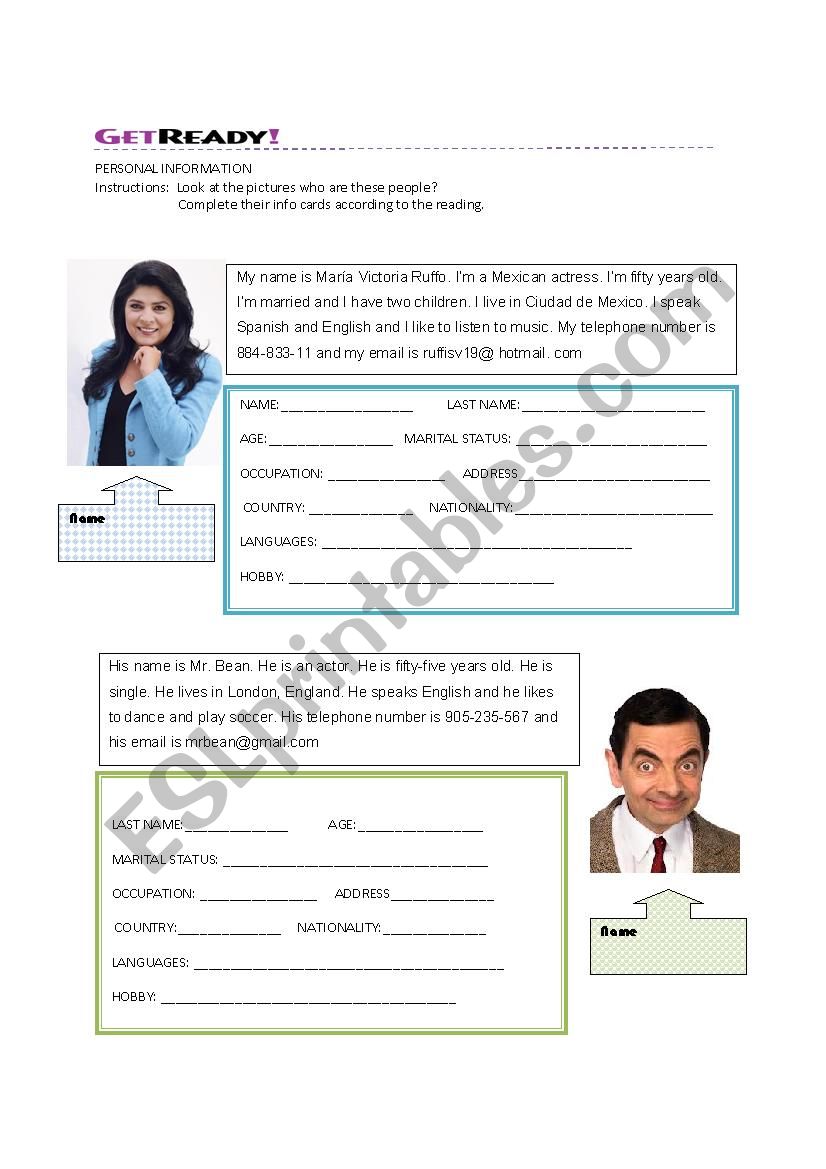 Personal info card worksheet