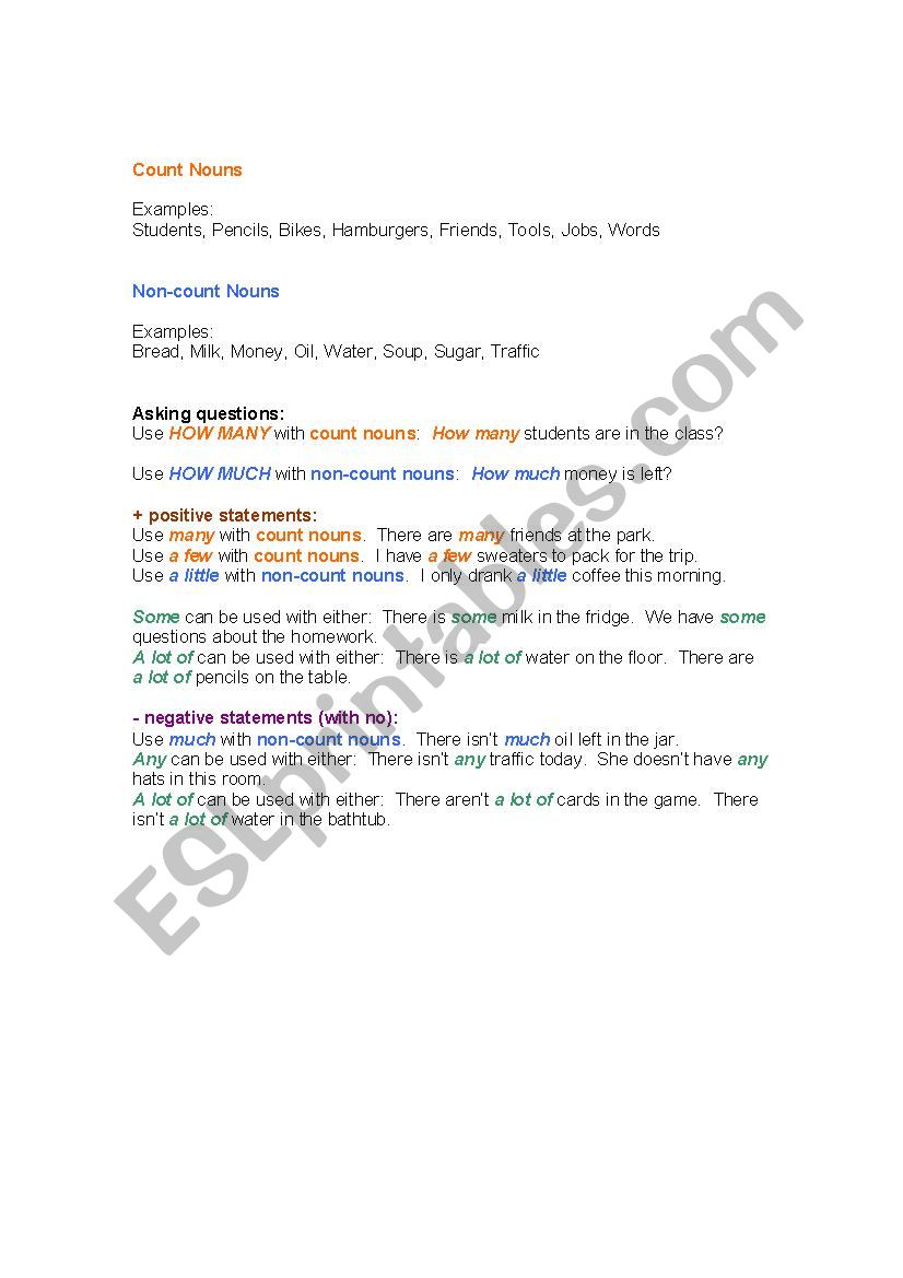 Count and Non-count Nouns worksheet