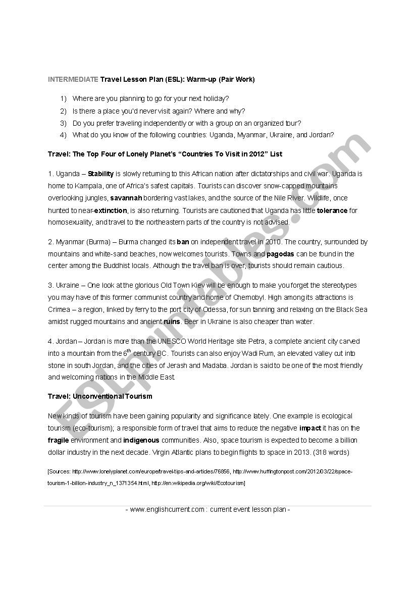 travel-tourism worksheet