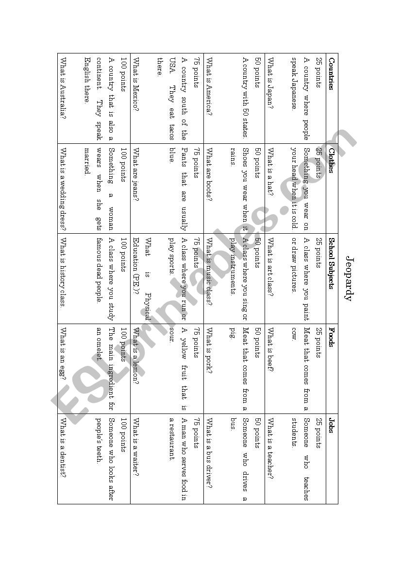 In a Pinch: Question Game worksheet