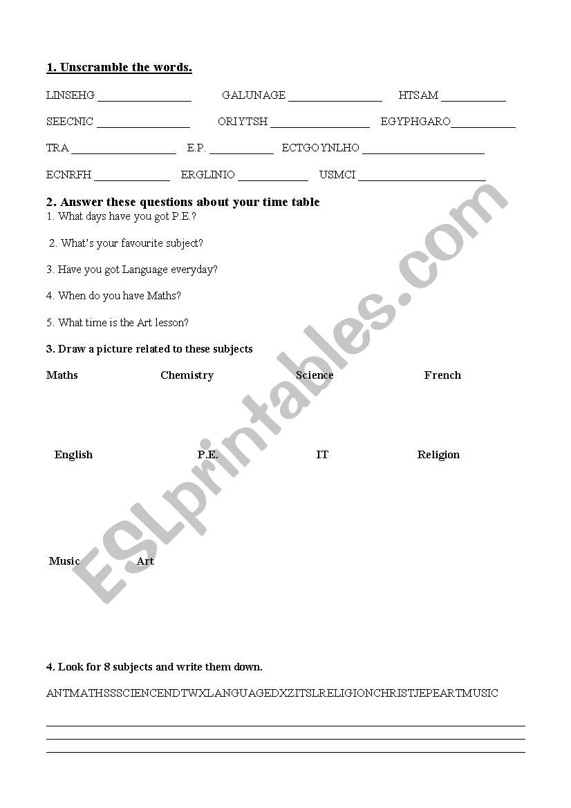 School subjects worksheet