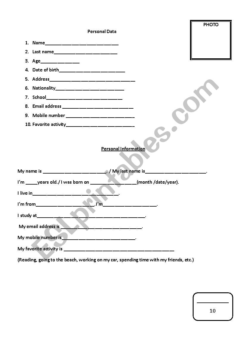Personal Information worksheet