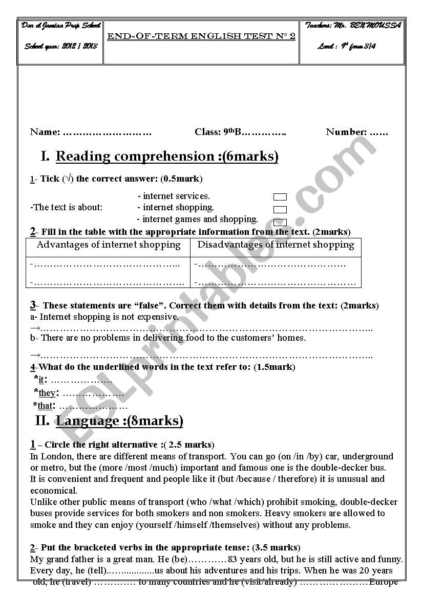 9 th year end term 2 worksheet