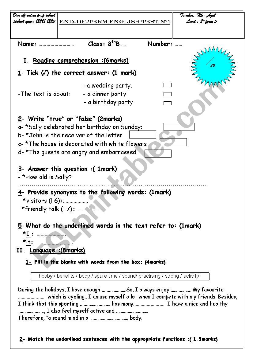 8th form end term 2 worksheet