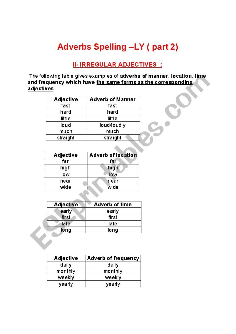 Adverbs Spelling â€“LY ( part 2)II- IRREGULAR ADJECTIVES  :