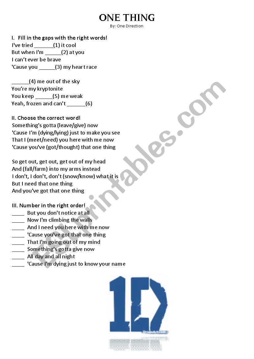 1D One Thing worksheet worksheet