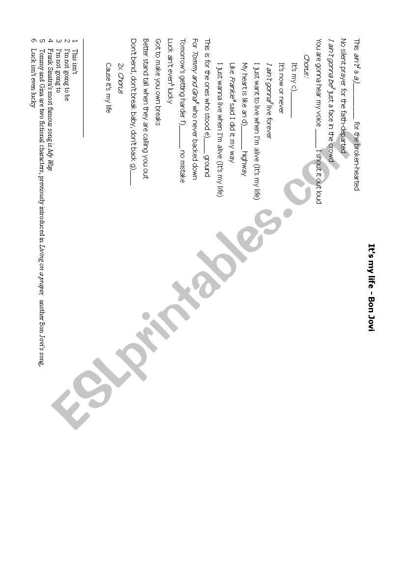 ItÂ´s my life - Bon Jovi song worksheet