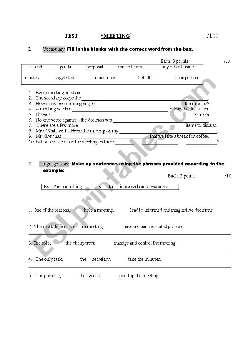 Language of Meetings (Test) worksheet