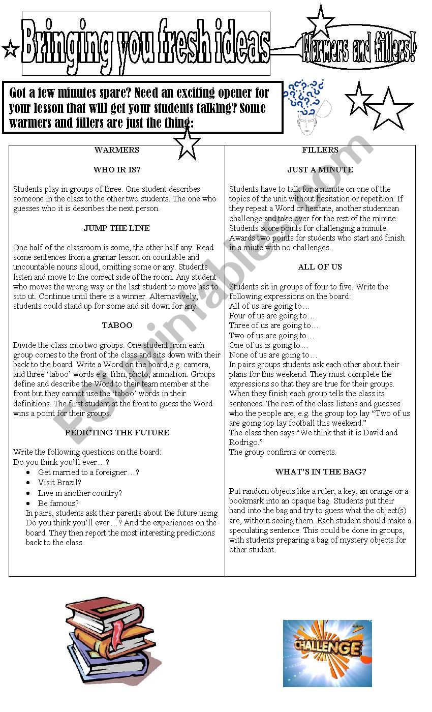 Warmers and Fillers worksheet