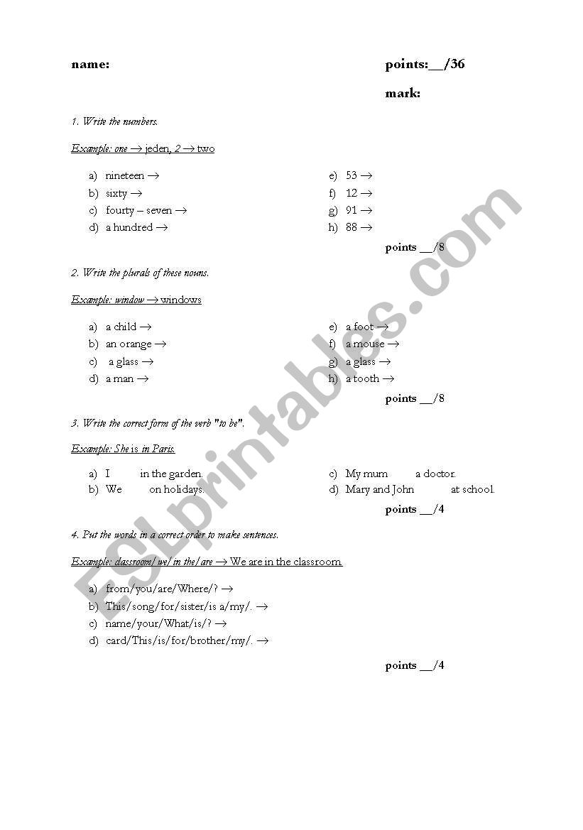plurals, numbers worksheet