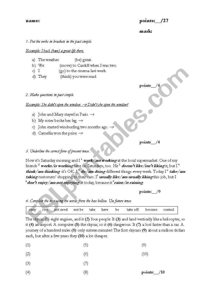 past tense worksheet