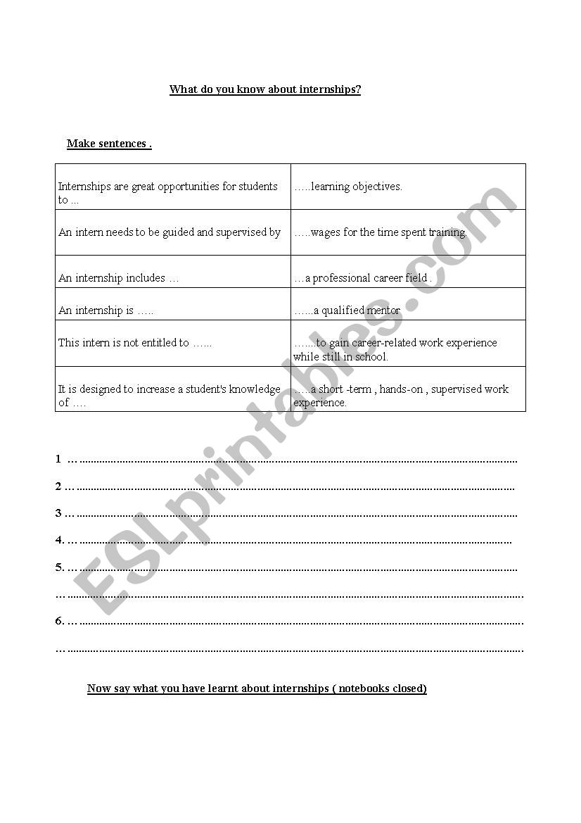 INTERNSHIPS DEFINITION worksheet