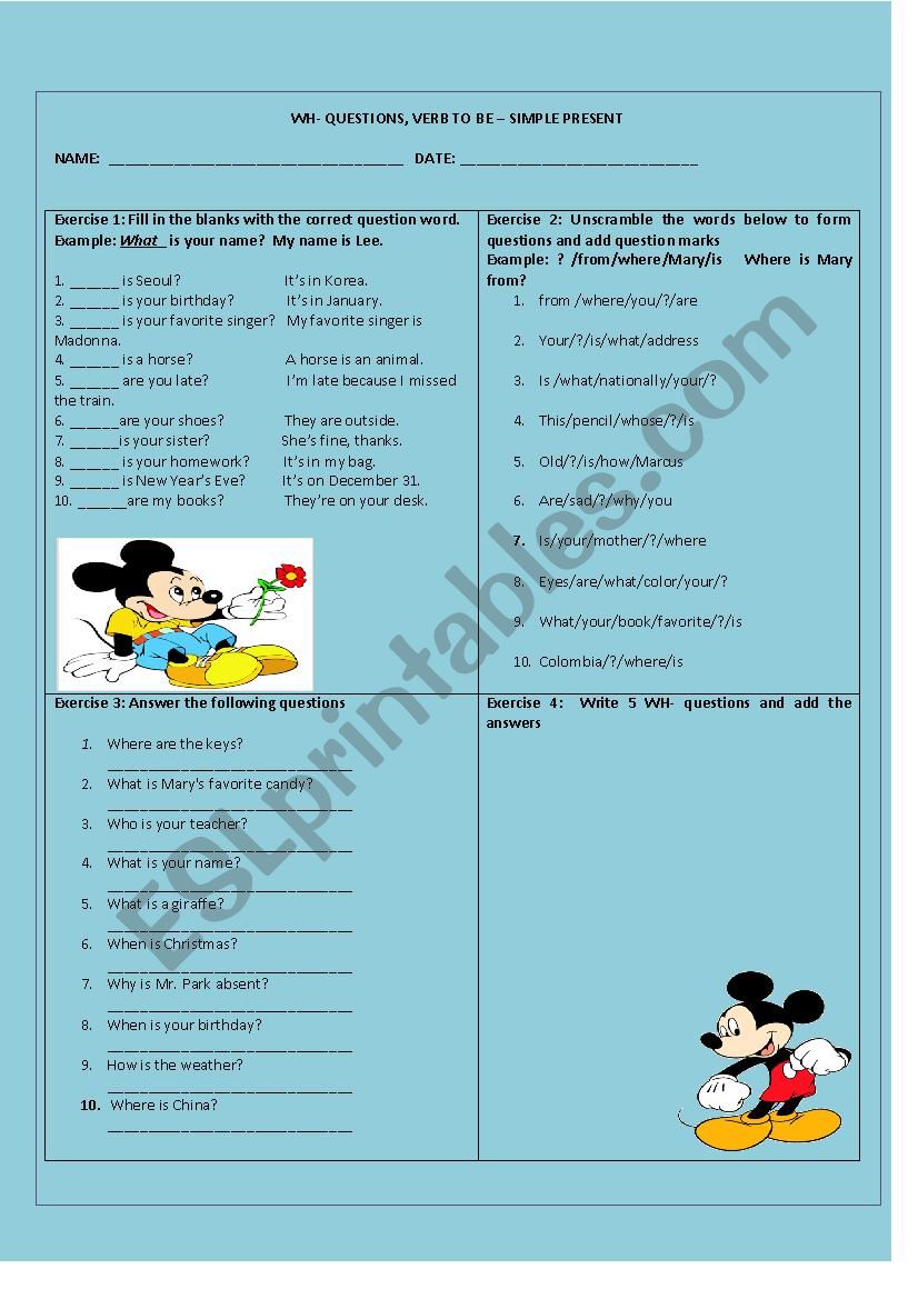 WH- Questions - Verb to be worksheet