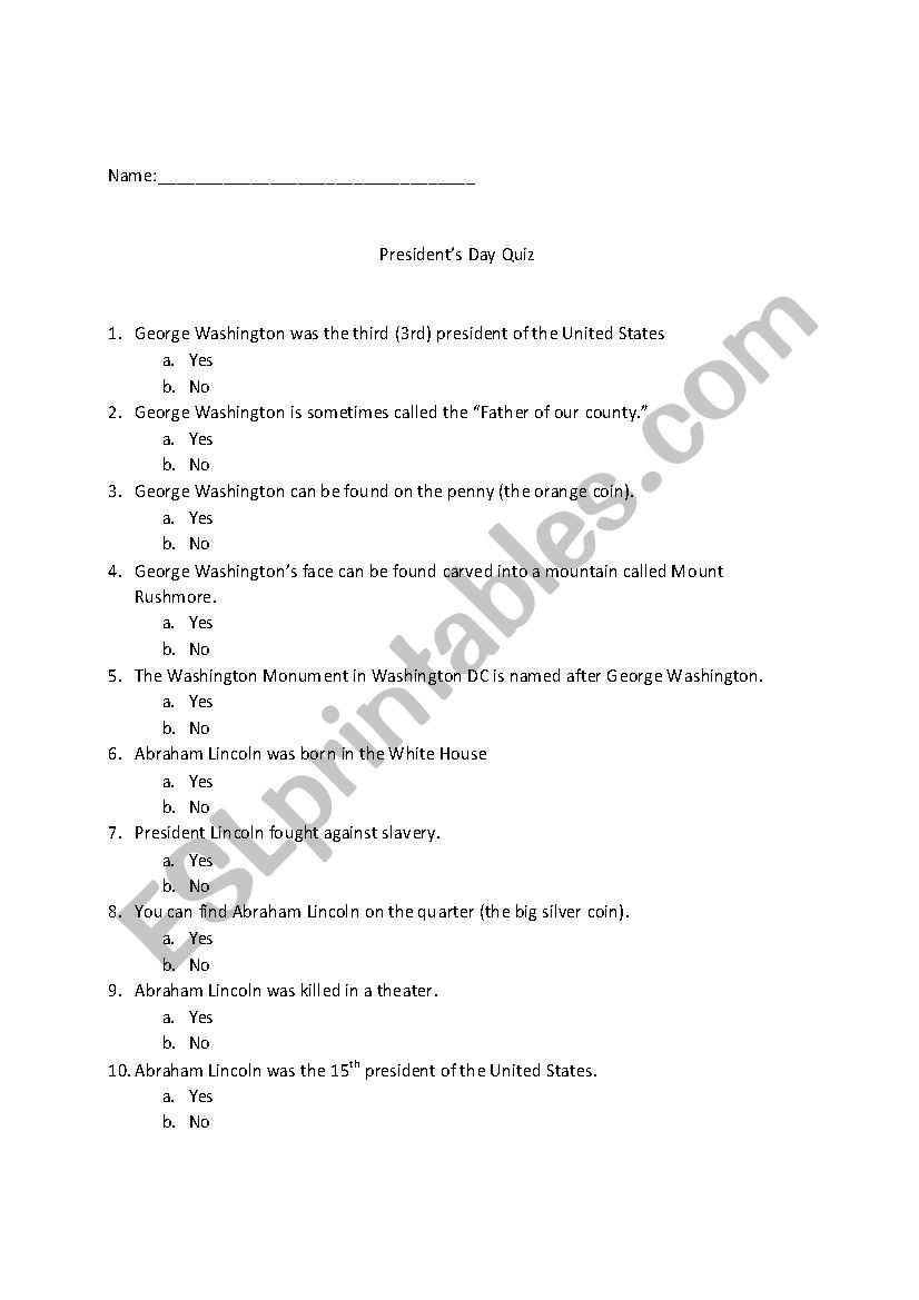 George Washington and Abraham Lincoln Test - ESL worksheet by aubreyjordan