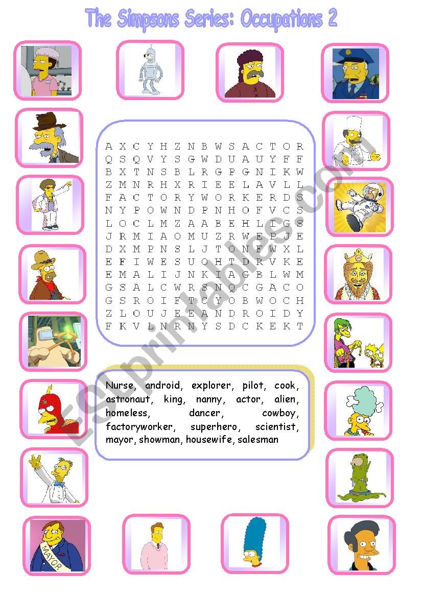 The Simpsons Series: Occupations Wordsearch 2 (WITH KEY)